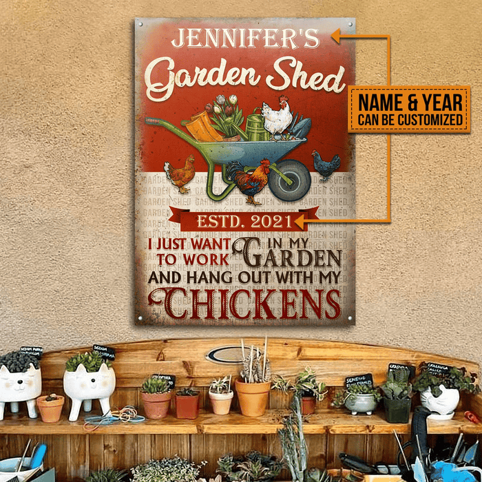 Personalized Chicken Garden Shed I Just Want To Work Rectangle Metal Sign Home Decor