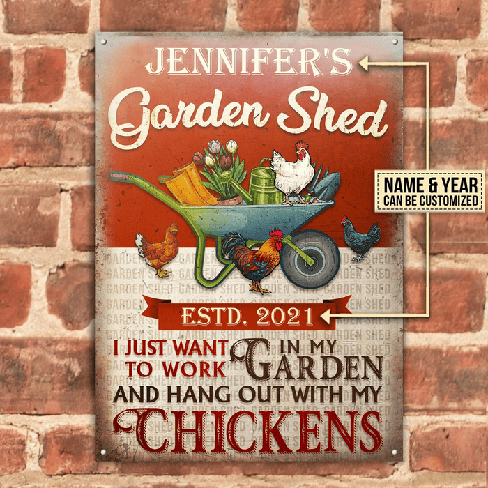 Personalized Chicken Garden Shed I Just Want To Work Rectangle Metal Sign Home Decor