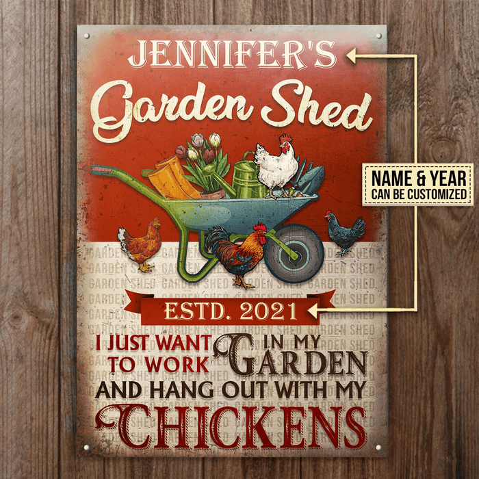 Personalized Chicken Garden Shed I Just Want To Work Rectangle Metal Sign Home Decor