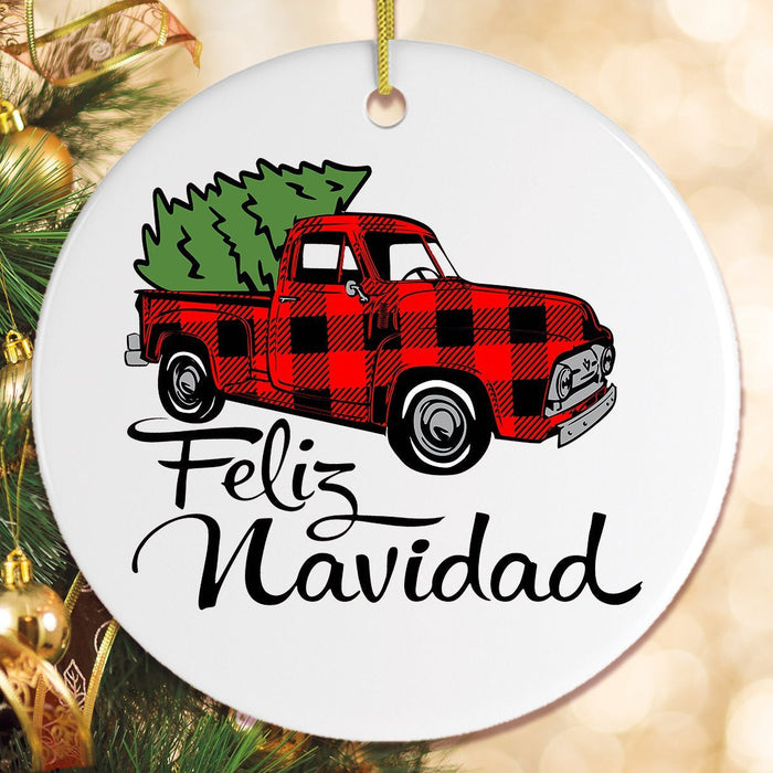 Feliz Navidad Plaid Red Truck Circle Xmas Tree Ornaments Decoration Gift For Dad Gift For Father Father's Day Gift Ideas