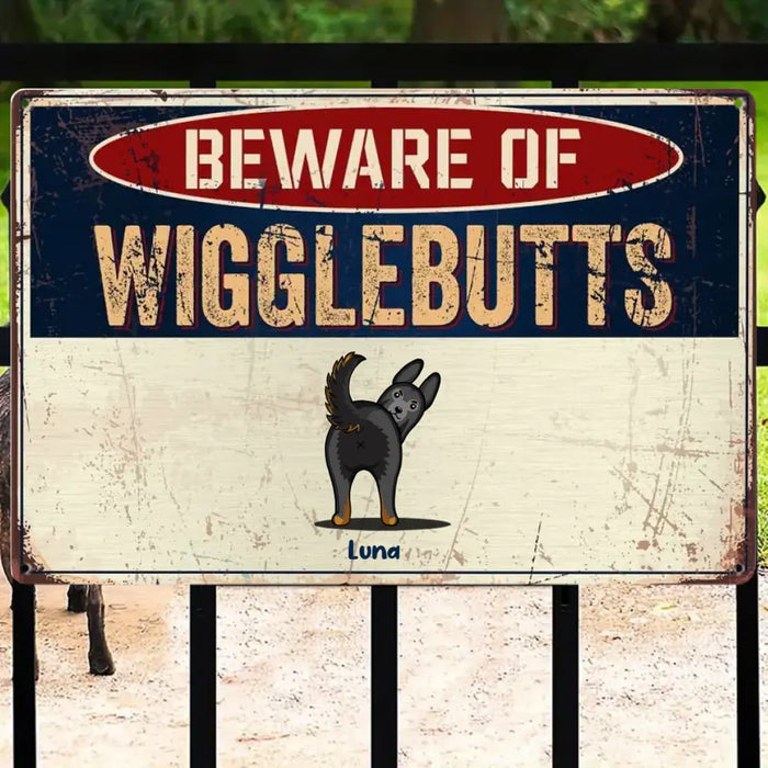 Beware Of Wiggle Butts - Personalized Rectangle Metal Sign - Gift For Dog Lovers